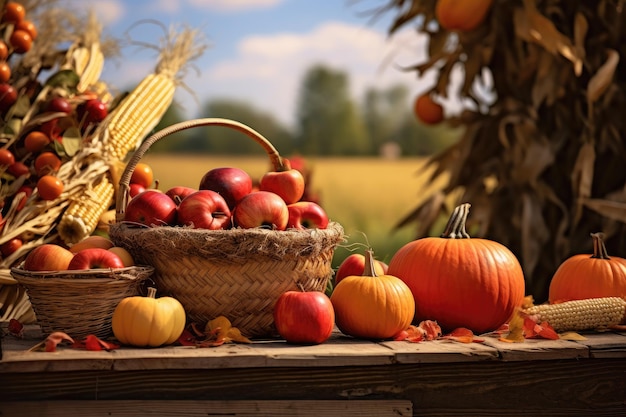 Nature morte d'automne avec des citrouilles, des pommes et du maïs dans un panier Panier de citrouilles, des pommes et du maïs Sur la table de récolte Avec des arbres de champ et le ciel en arrière-plan Généré par l'IA