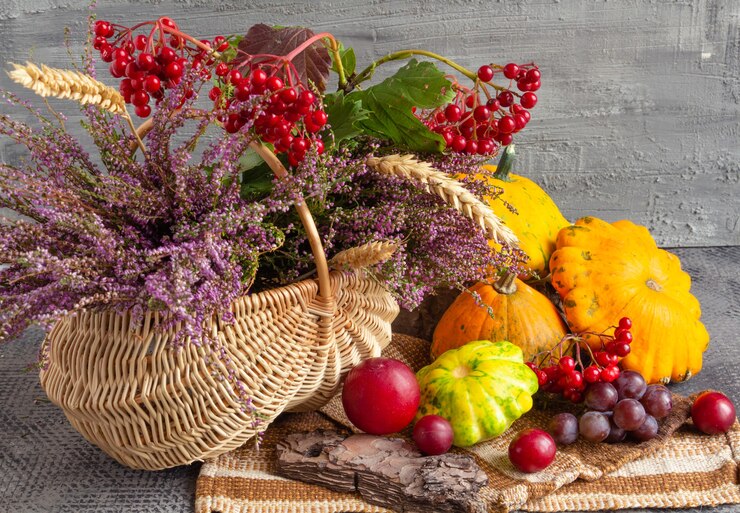Nature morte d'automne sur un fond de panier en béton avec viorne de bruyère et fruits Thanksgiving day