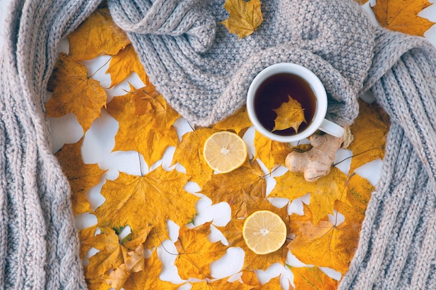 Nature morte d'automne avec une tasse de thé blanc réchauffant une écharpe grise et des feuilles jaunes colorées avec du gingembre et du citron