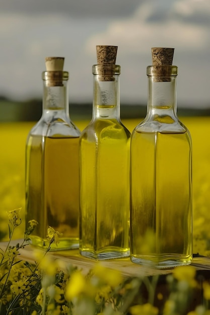 Nature morte aux bouteilles d'huile d'olive dans un champ de colza