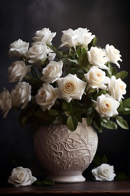 Nature morte aux roses blanches dans un vase en céramique sur fond sombre