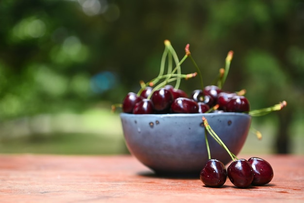 Nature morte de baies fraîches d'été mûres dans le bol en céramique bleu sur une table en bois rustique avec une paire de cerises mûres