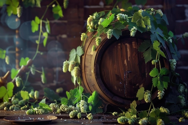 Photo la nature morte avec un baril de bière et du houblon