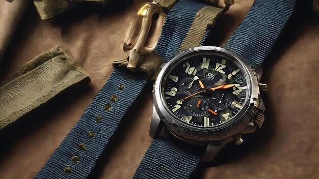 Nature morte avec une belle montre et un uniforme militaire avec un motif de camouflage typique