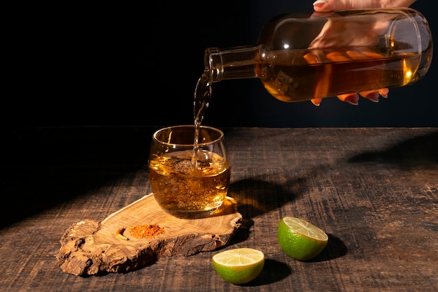 Photo la nature morte d'une boisson de mezcal avec du ver maguey