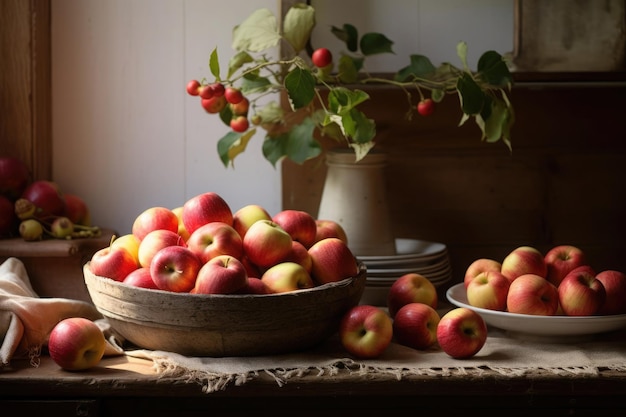 La nature morte d'un bol abondant de pommes rouges dans un cadre rustique avec un éclairage doux