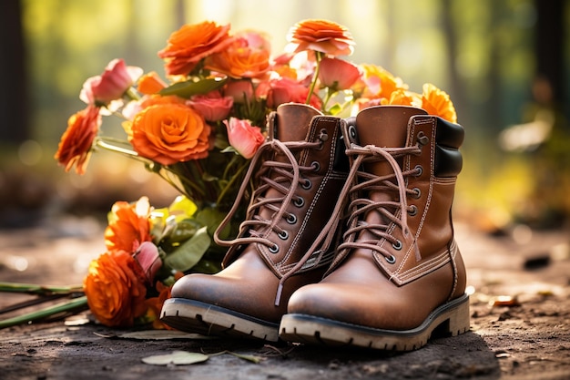 Photo nature morte avec des bottes et des fleurs sur fond de bois focus sélectif