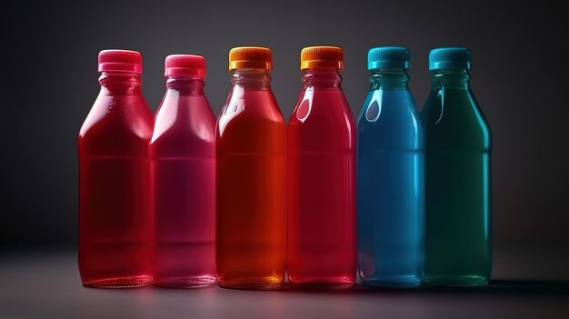 Photo nature morte de bouteilles en plastique de différentes couleurs génératif ai