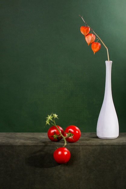 Photo nature morte avec une branche de physalis dans un vase blanc et tomates