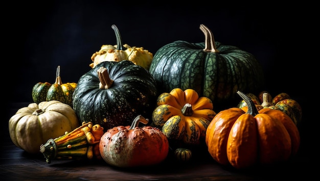 La nature morte avec des citrouilles de différentes formes et couleurs générées par l'IA