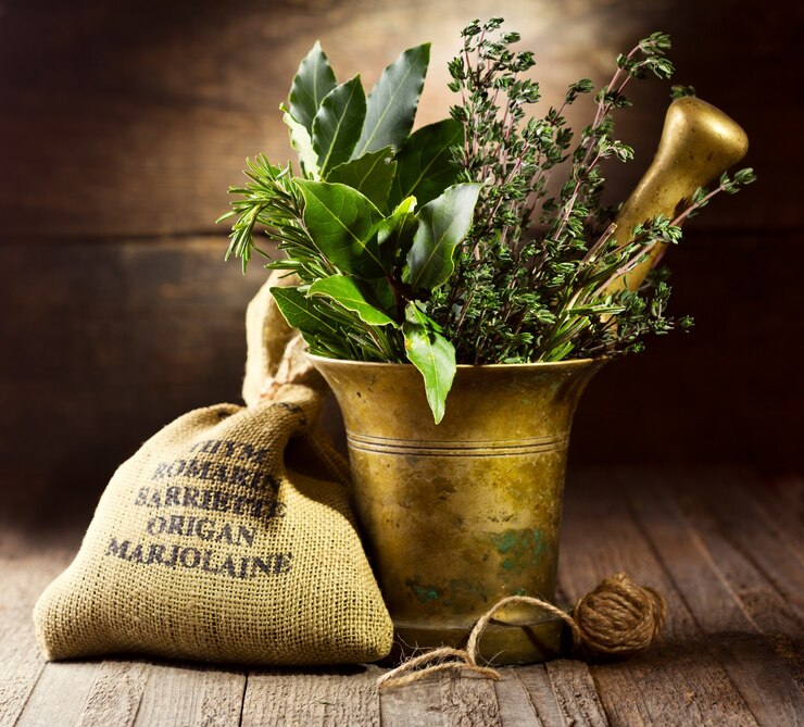 Photo nature morte avec diverses herbes dans le mortier