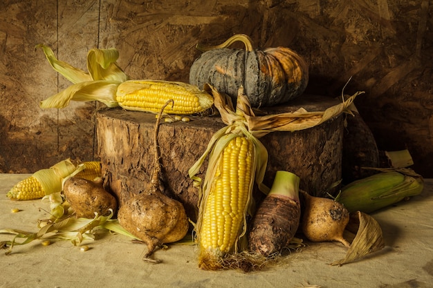 Photo nature morte avec du maïs, de la citrouille, du taro et de l'igname