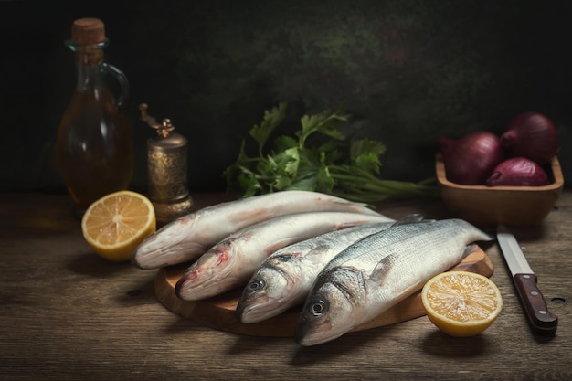 Nature morte avec du poisson frais et des ingrédients pour cuisiner