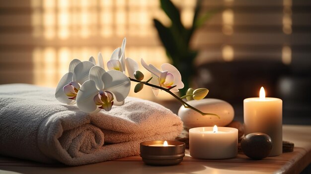 La nature morte du spa avec des bougies aromatiques, des fleurs d'orchidées et une serviette.