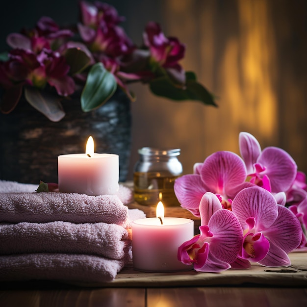 Photo la nature morte du spa avec des bougies, des serviettes et des fleurs.