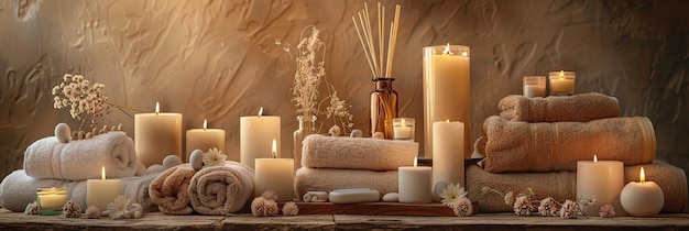 La nature morte du spa avec des bougies, des serviettes et des pierres de spa sur une table en bois