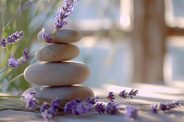 La nature morte du spa avec une pile de pierres et de lavandes