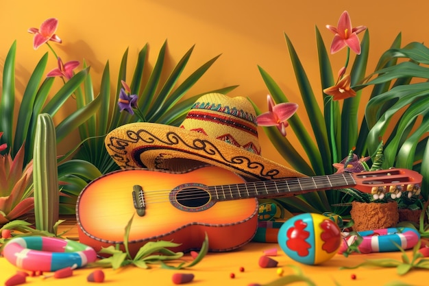 Photo une nature morte festive avec un sombrero traditionnel mexicain coloré et une guitare classique