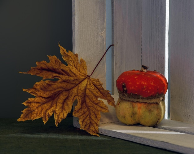 Nature morte avec feuille d'automne et citrouille. Aliments. Feuille d'érable. L'automne