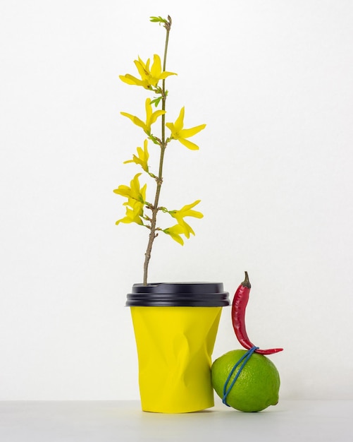 Nature morte avec une fleur tasse en plastique citron vert et poivre sur fond blanc Minimalisme