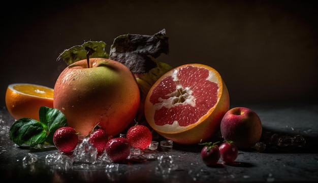 Une nature morte de fruits comprenant un pamplemousse, des pommes et d'autres fruits.