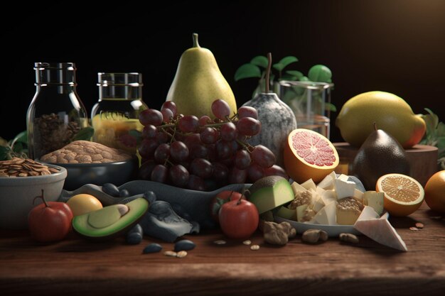 Une nature morte de fruits et de fromages sur une table.