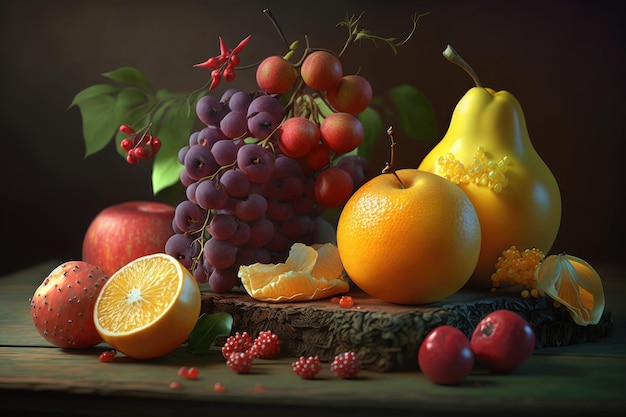 Une nature morte de fruits et une poire