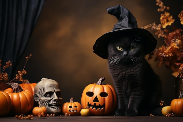 La nature morte d'Halloween avec des citrouilles de chats noirs et un crâne sur un fond sombre