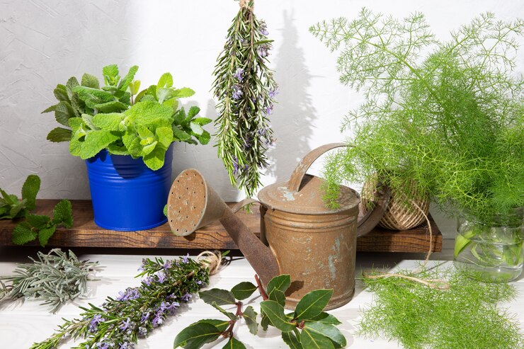 Photo nature morte d'herbes aromatiques sur table en bois et arrosoir