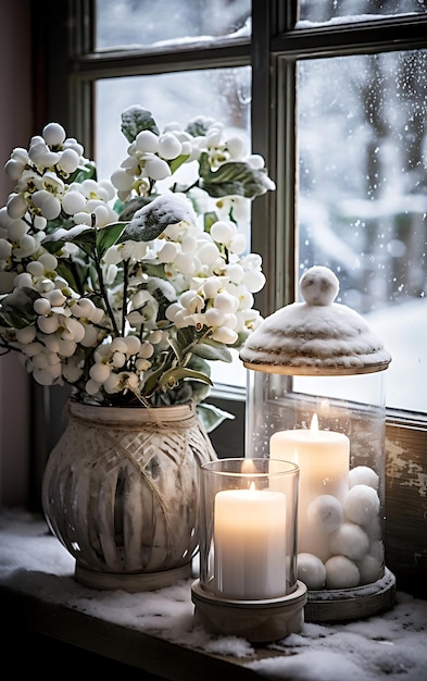 La nature morte d'hiver, les bougies, les cônes de pin et les fleurs séchées dans le salon près de la fenêtre.