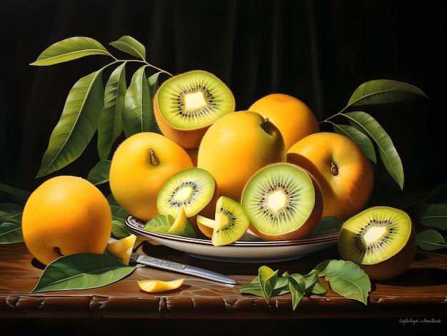 nature morte avec kiwi frais et oranges sur une table en bois