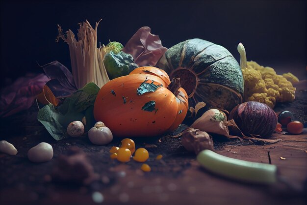 Nature morte avec des légumes frais et des épices sur fond sombre ai générative