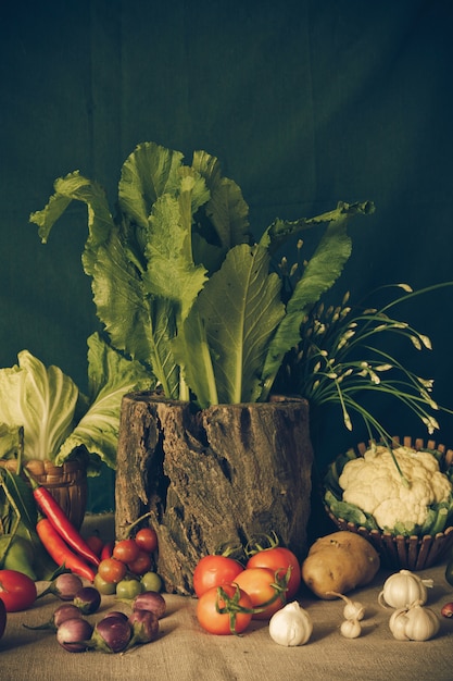 Nature morte Légumes, herbes et fruits.