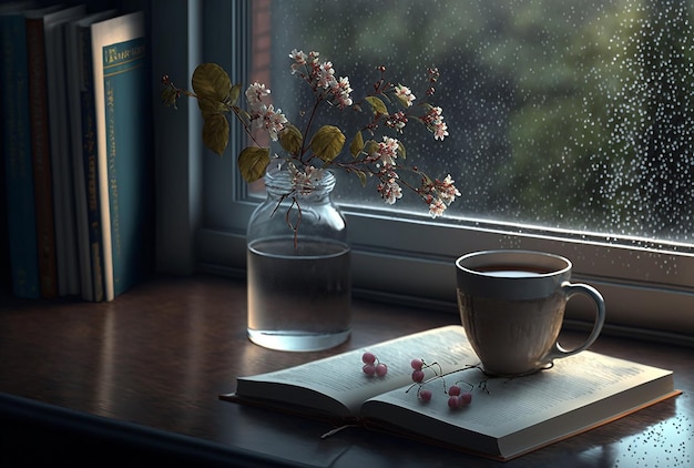 Nature morte avec un livre ouvert et une tasse chaude sur un rebord de fenêtre rany day générative ai