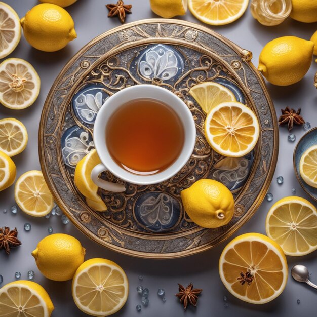 une nature morte luxueuse avec une tasse de thé noir au citron et au miel