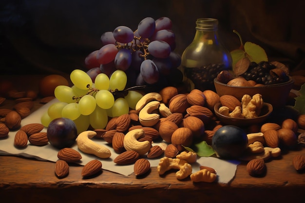 Une nature morte de noix et de raisins sur une table