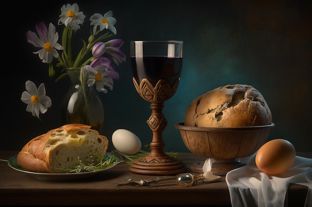 Une nature morte avec des oeufs de pain et des fleurs