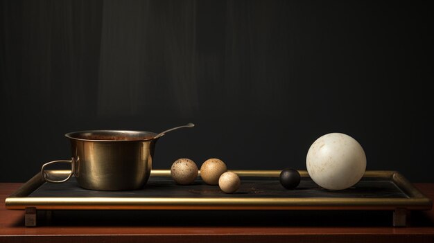 Photo nature morte d'œufs et de poulet sur table en bois