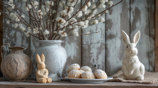 La nature morte de Pâques avec des branches de saule, des œufs de Pâque, des biscuits et des lapins en céramique.