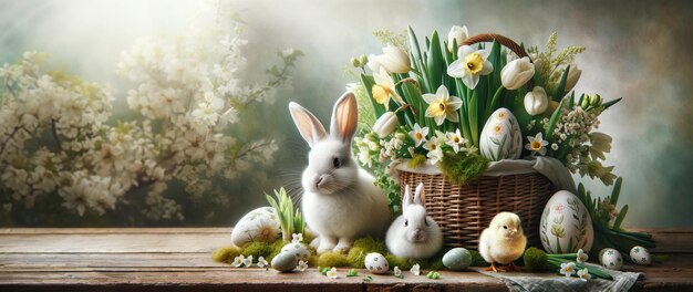 La nature morte de Pâques avec des œufs de Pâque de lapin et des narcisse dans un panier en osier