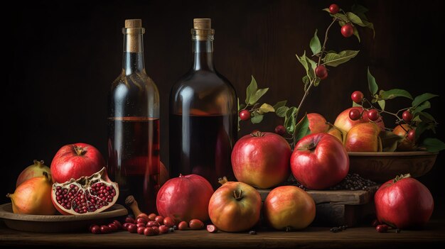 Une nature morte de pommes et de grenades avec une bouteille