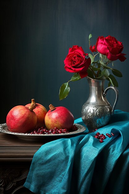 Photo une nature morte avec une rose dans un pot d'étain et une grenade et un bol en porcelaine avec un fond turquoise