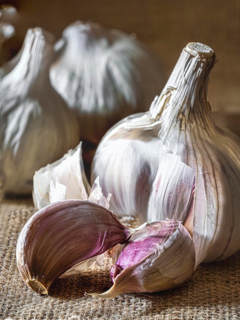 Nature morte rurale avec des quartiers d'ail et d'ail