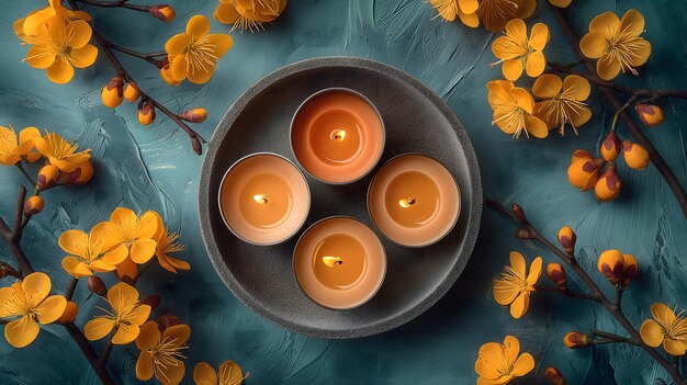 Photo une nature morte sereine avec des bougies allumées et des fleurs jaunes