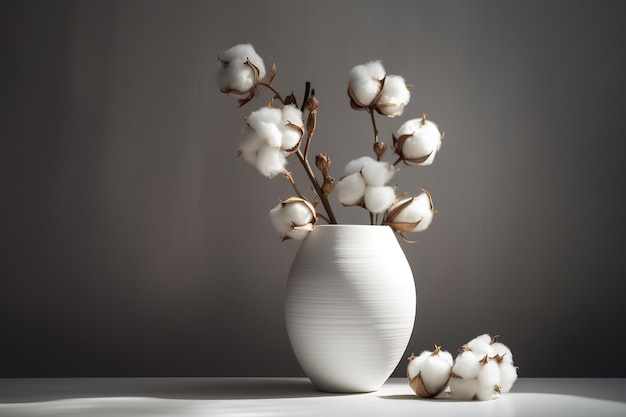 Une nature morte sereine de branches de coton dans un vase blanc Generative AI