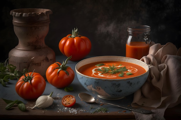Une nature morte de soupe aux tomates avec un bol de sauce tomate et une bouteille de sauce tomate.