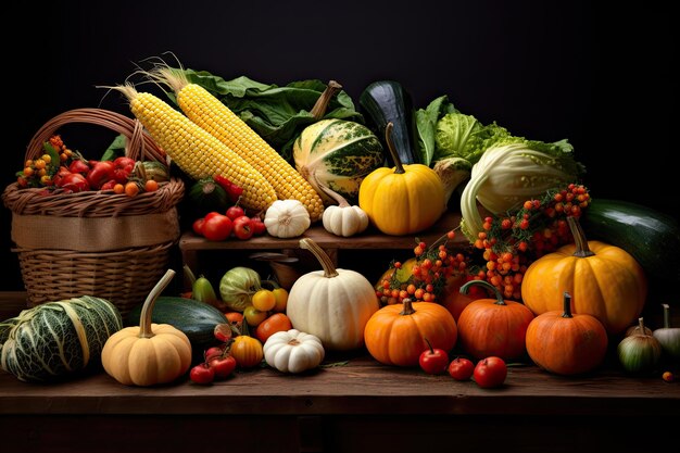 Nature morte de Thanksgiving Légumes fruits d'automne pommes sur une table en bois conception de décoration d'Halloween d'automne