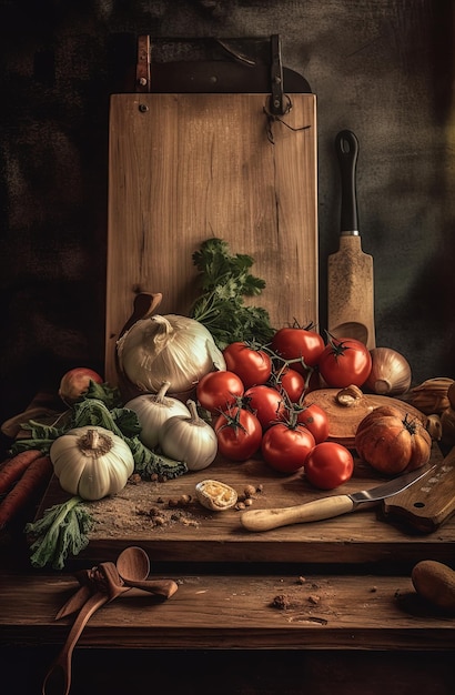 Une nature morte de tomates et d'ail sur une planche à découper en bois