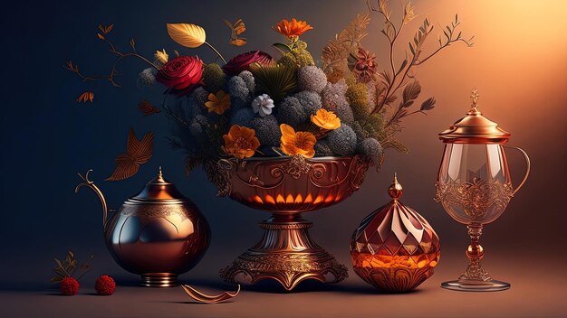 Photo nature morte avec un vase de fleurs illustration 3d