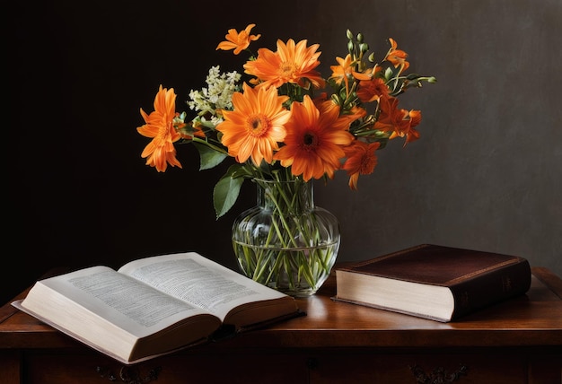 Une nature morte d'un vase de fleurs sur une table avec un livre Generative AI